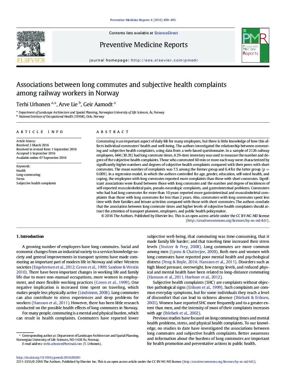 Associations between long commutes and subjective health complaints among railway workers in Norway