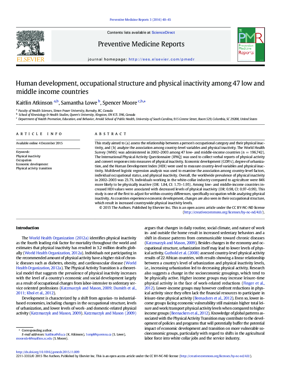 Human development, occupational structure and physical inactivity among 47 low and middle income countries