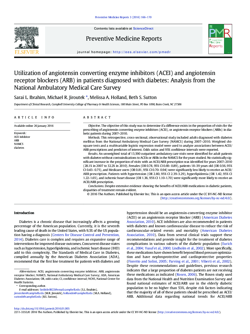 Utilization of angiotensin converting enzyme inhibitors (ACEI) and angiotensin receptor blockers (ARB) in patients diagnosed with diabetes: Analysis from the National Ambulatory Medical Care Survey