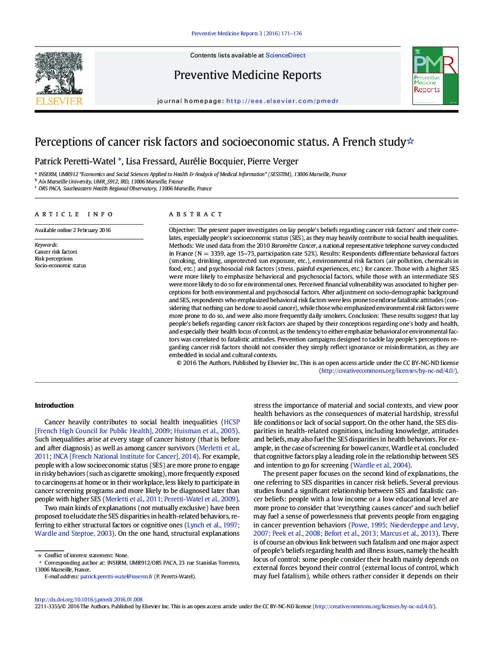 Perceptions of cancer risk factors and socioeconomic status. A French study 