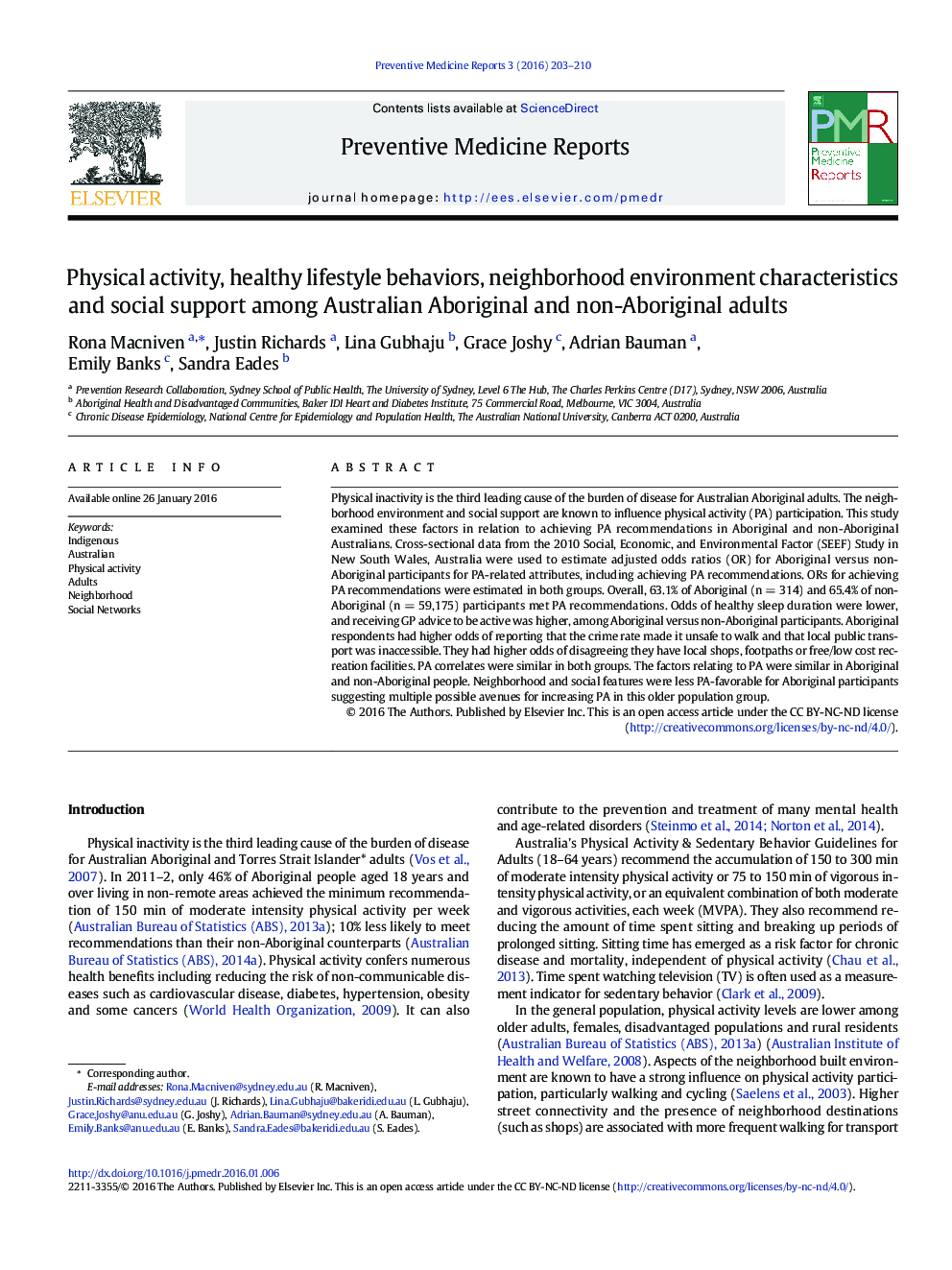 Physical activity, healthy lifestyle behaviors, neighborhood environment characteristics and social support among Australian Aboriginal and non-Aboriginal adults