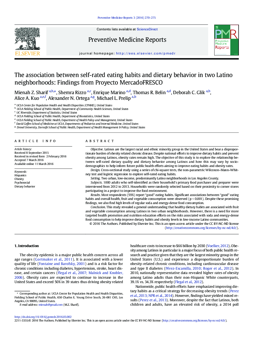 The association between self-rated eating habits and dietary behavior in two Latino neighborhoods: Findings from Proyecto MercadoFRESCO