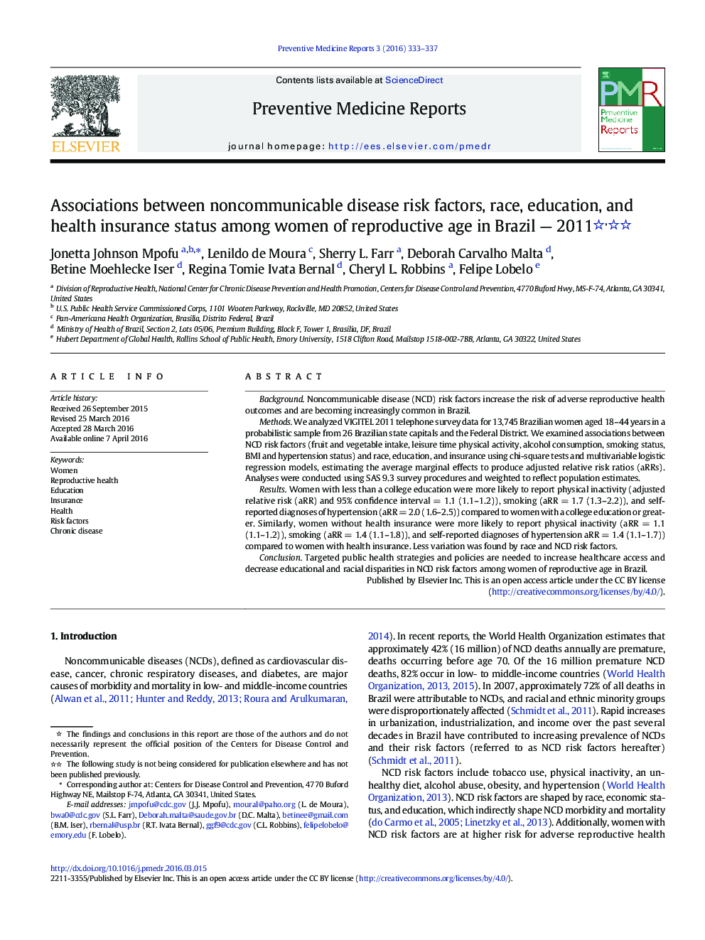 Associations between noncommunicable disease risk factors, race, education, and health insurance status among women of reproductive age in Brazil — 2011 