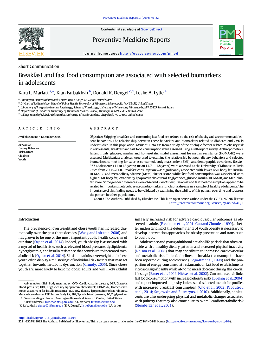 Breakfast and fast food consumption are associated with selected biomarkers in adolescents