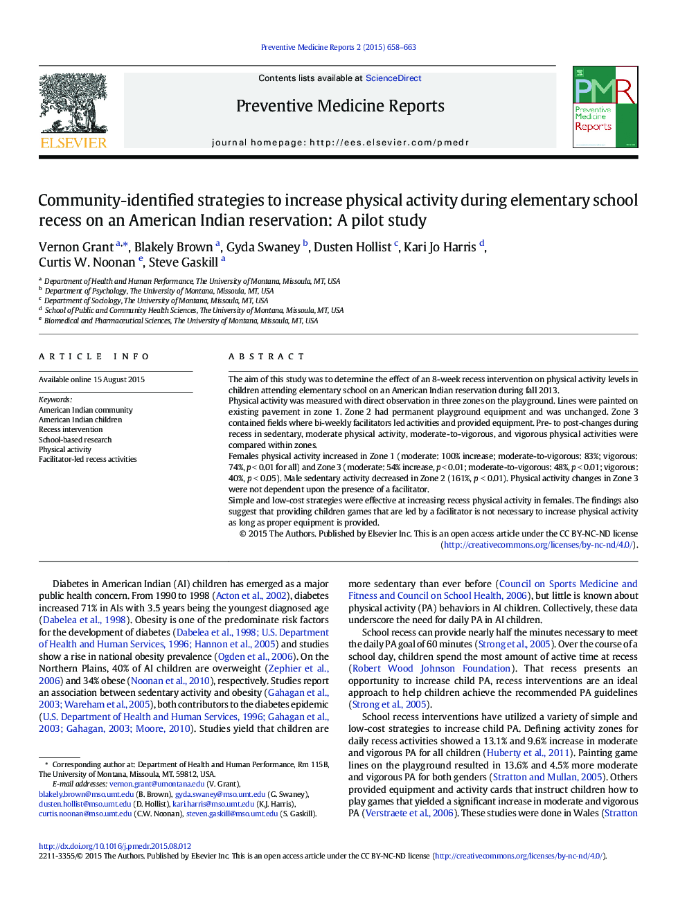 Community-identified strategies to increase physical activity during elementary school recess on an American Indian reservation: A pilot study