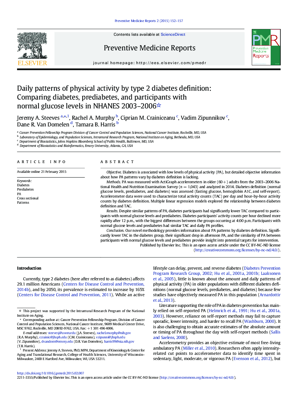 Daily patterns of physical activity by type 2 diabetes definition: Comparing diabetes, prediabetes, and participants with normal glucose levels in NHANES 2003–2006 