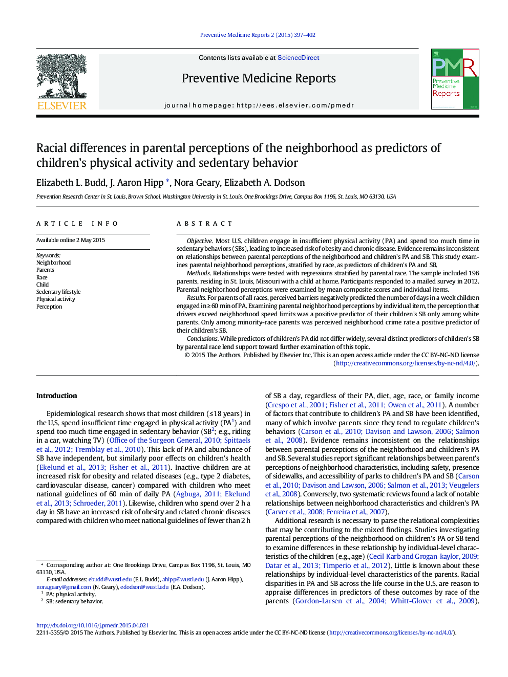 Racial differences in parental perceptions of the neighborhood as predictors of children's physical activity and sedentary behavior