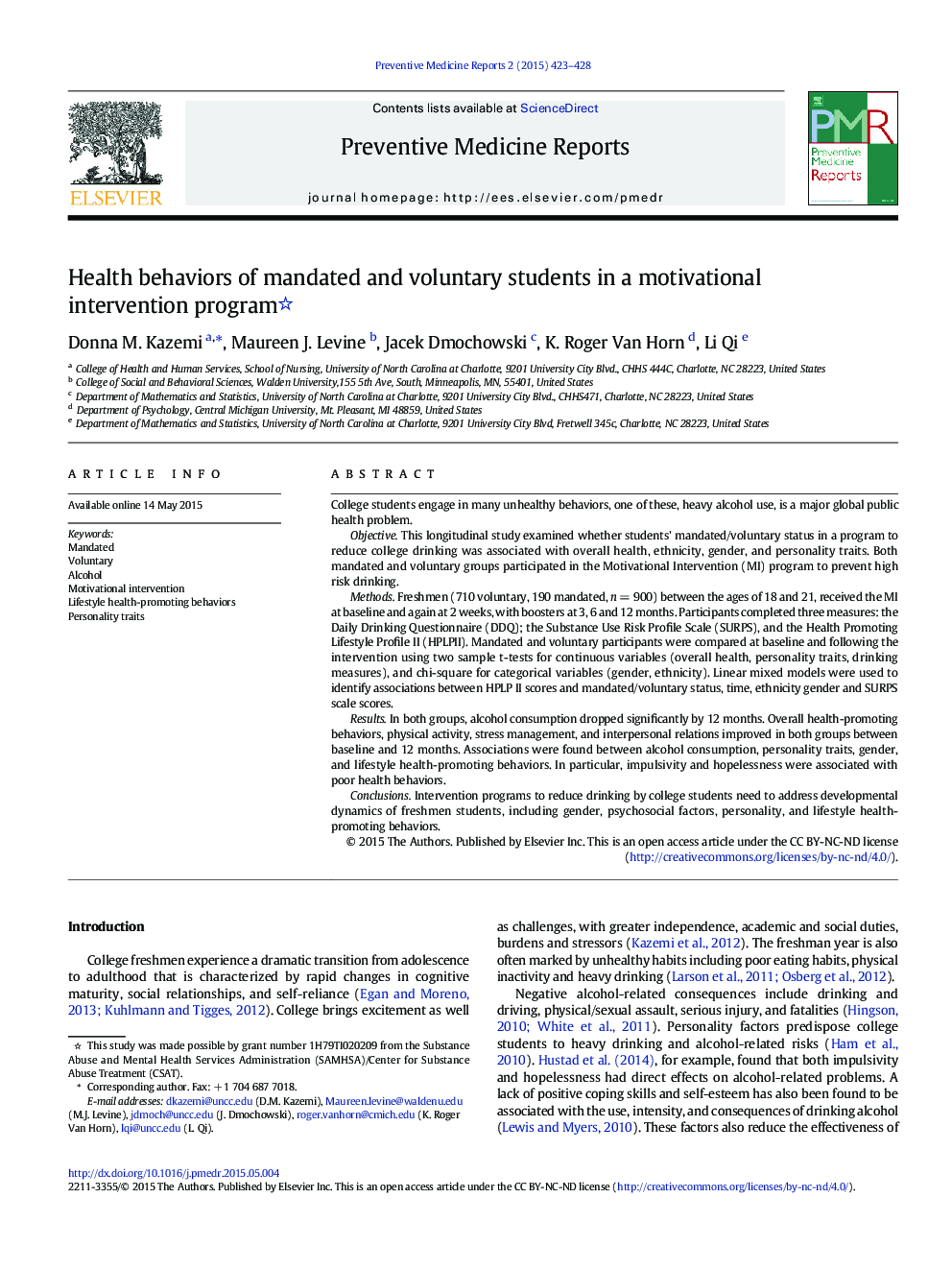 Health behaviors of mandated and voluntary students in a motivational intervention program 