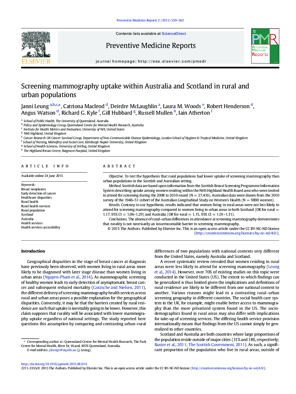 Screening mammography uptake within Australia and Scotland in rural and urban populations