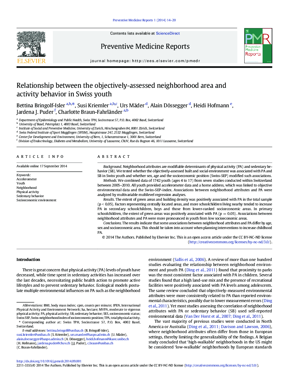 Relationship between the objectively-assessed neighborhood area and activity behavior in Swiss youth