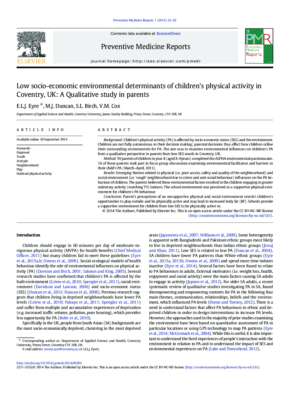 عوامل محیطی کم اجتماعی و اقتصادی محیطی فعالیت بدنی کودکان در کولنتری، انگلستان: یک مطالعه کیفی در والدین 