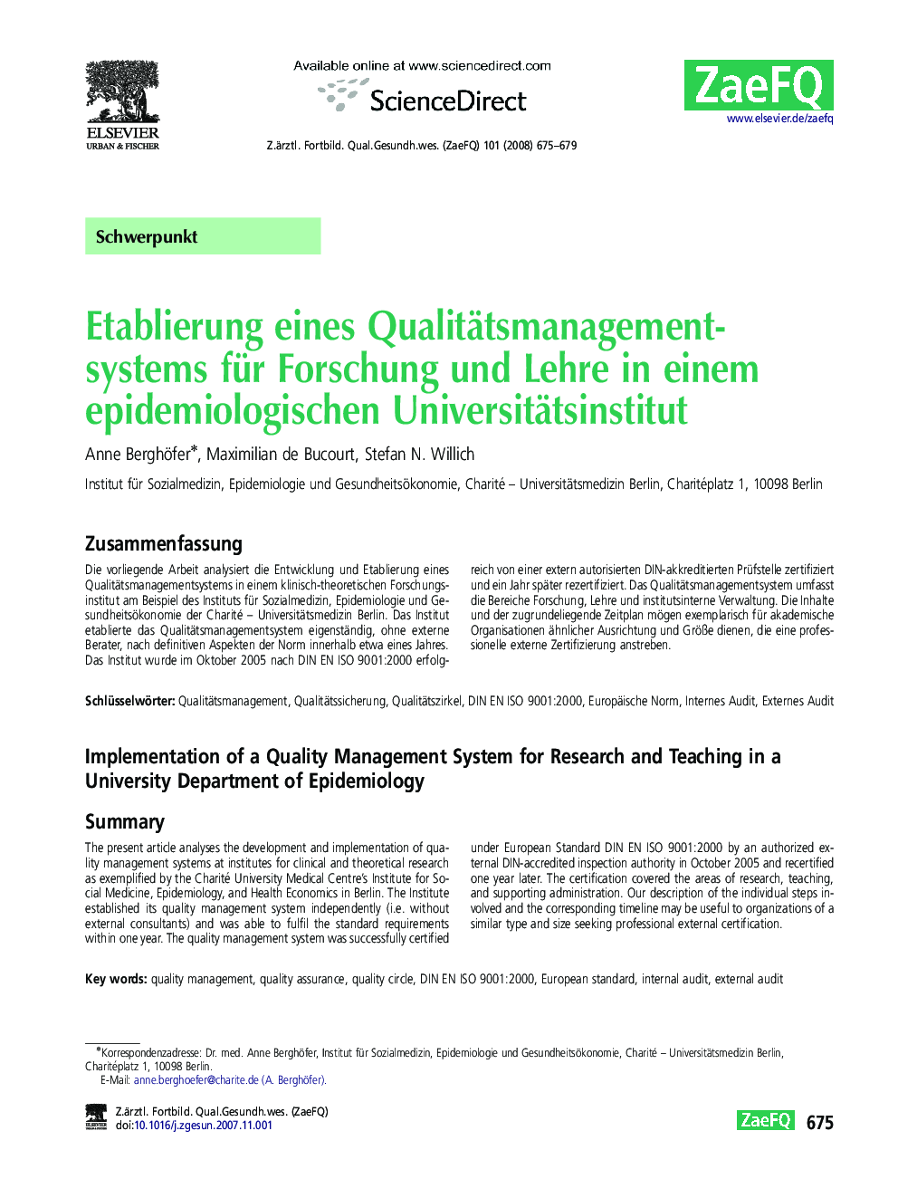 Etablierung eines Qualitätsmanagementsystems für Forschung und Lehre in einem epidemiologischen Universitätsinstitut