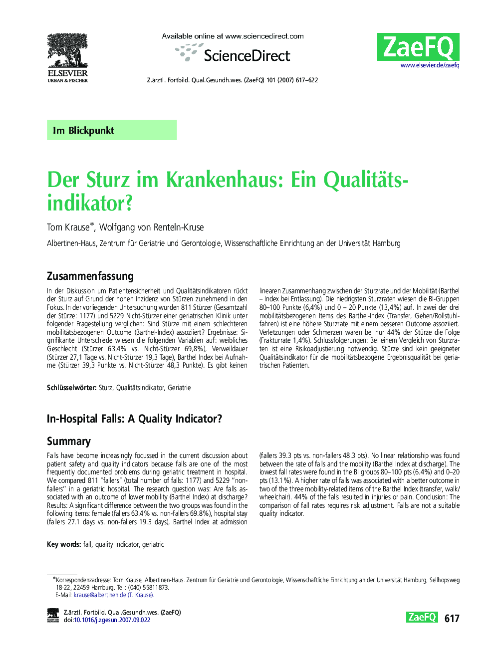 Der Sturz im Krankenhaus: Ein Qualitätsindikator?