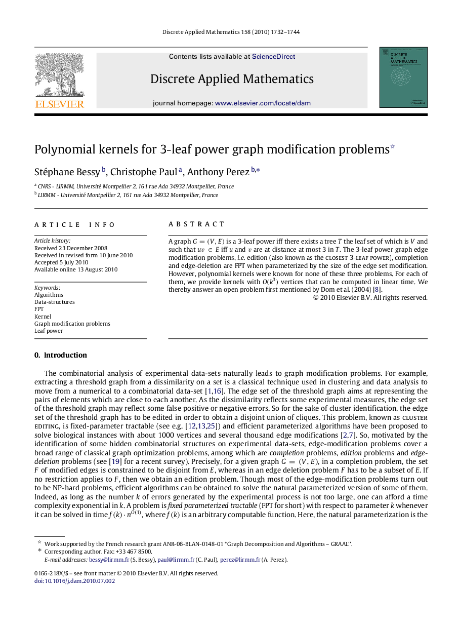 Polynomial kernels for 3-leaf power graph modification problems 