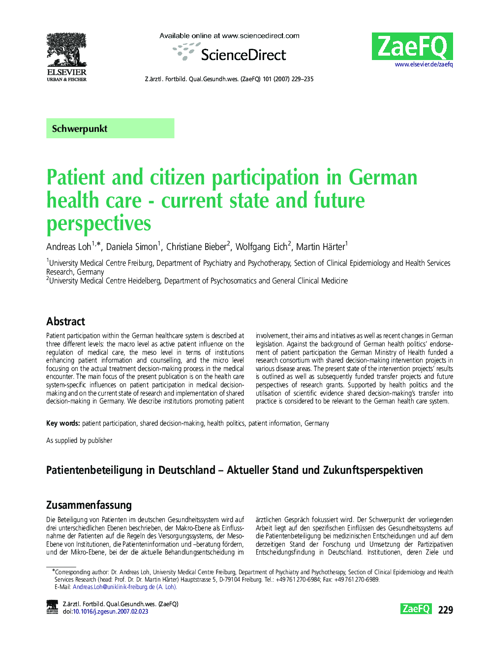 Patient and citizen participation in German health care - current state and future perspectives