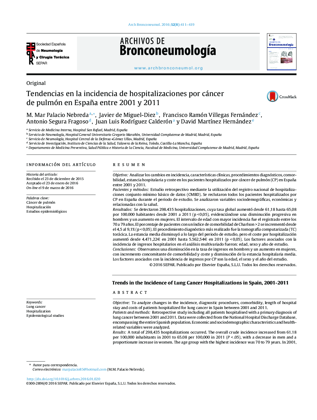 Tendencias en la incidencia de hospitalizaciones por cáncer de pulmón en España entre 2001 y 2011