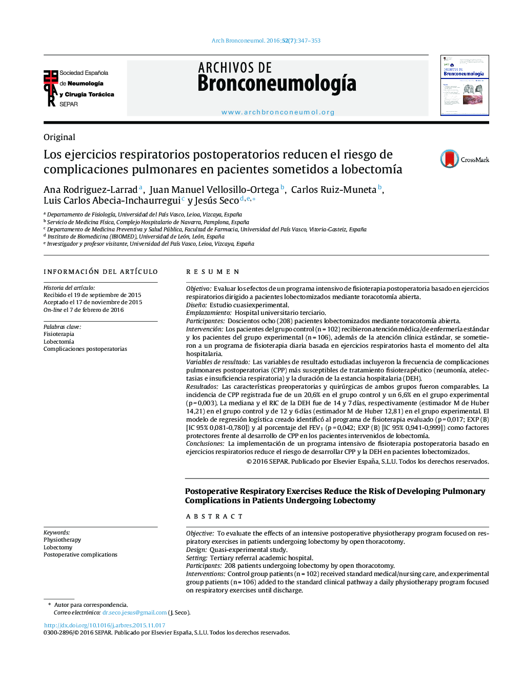 Los ejercicios respiratorios postoperatorios reducen el riesgo de complicaciones pulmonares en pacientes sometidos a lobectomÃ­a