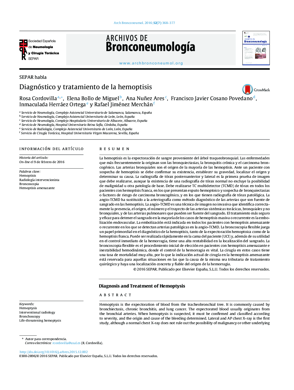 Diagnóstico y tratamiento de la hemoptisis