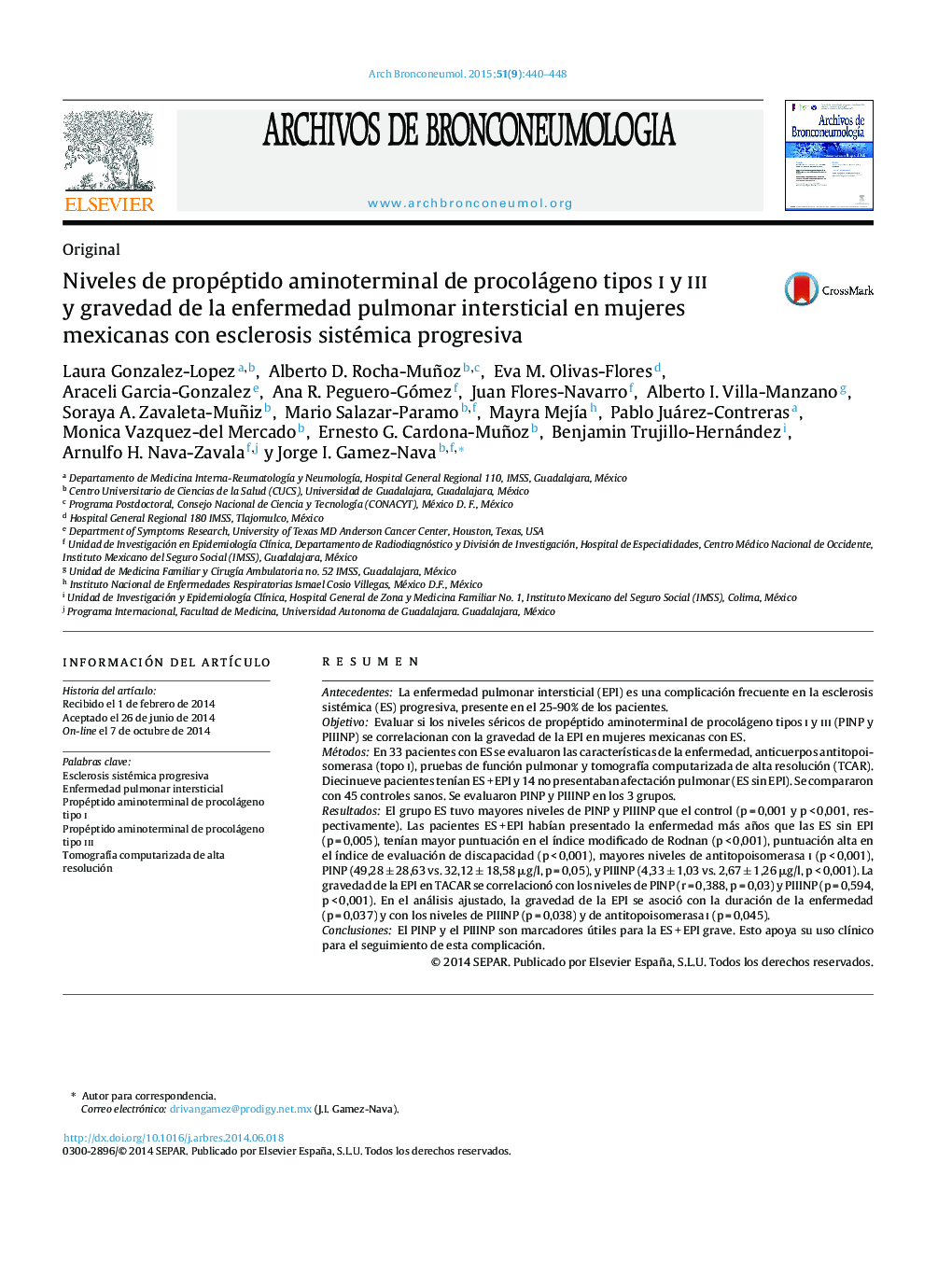 Niveles de propéptido aminoterminal de procolágeno tipos i y iii y gravedad de la enfermedad pulmonar intersticial en mujeres mexicanas con esclerosis sistémica progresiva