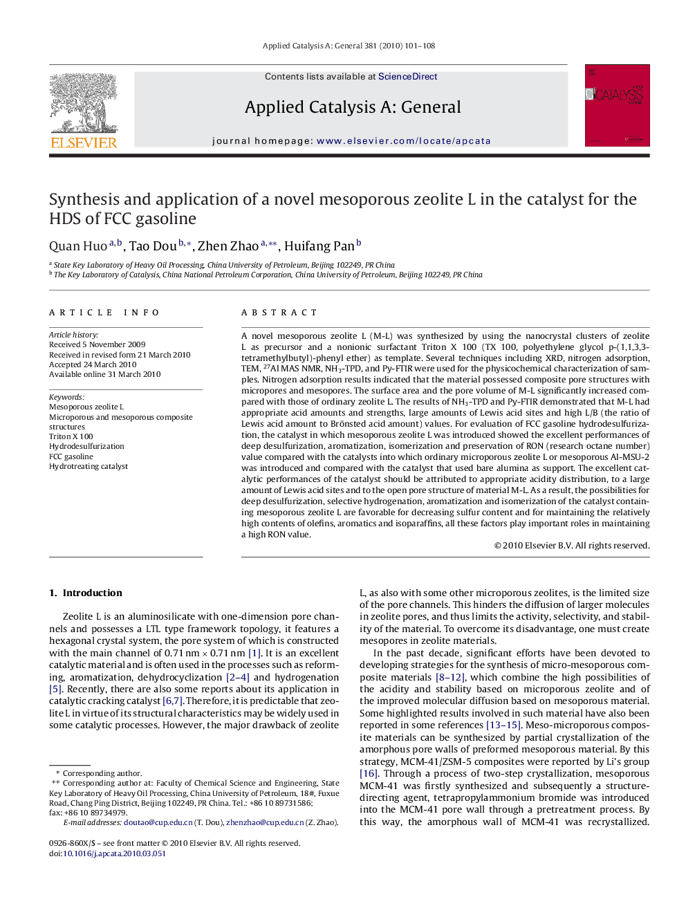 Synthesis and application of a novel mesoporous zeolite L in the catalyst for the HDS of FCC gasoline