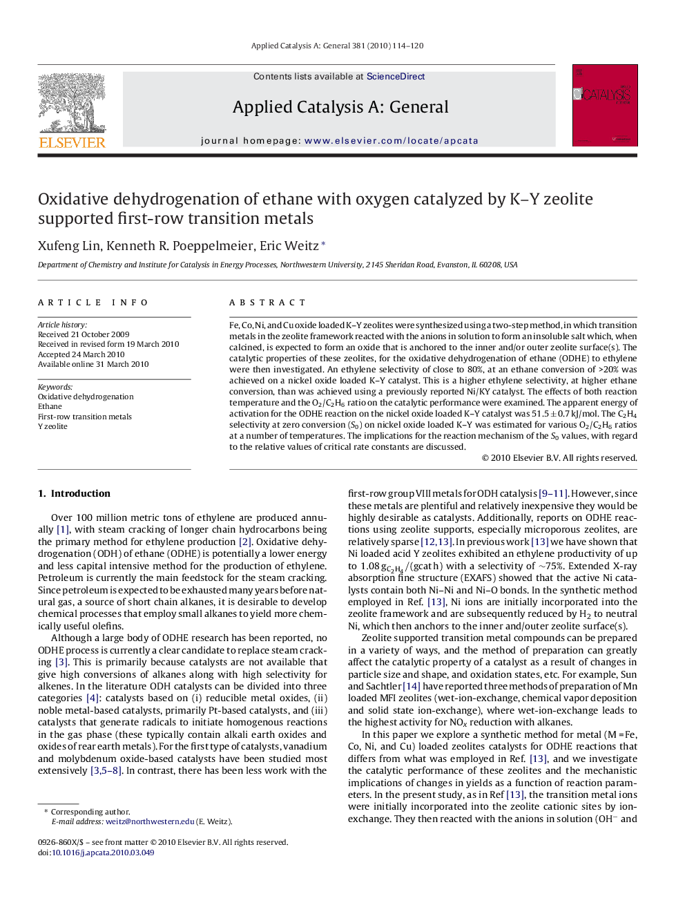 Oxidative dehydrogenation of ethane with oxygen catalyzed by K–Y zeolite supported first-row transition metals