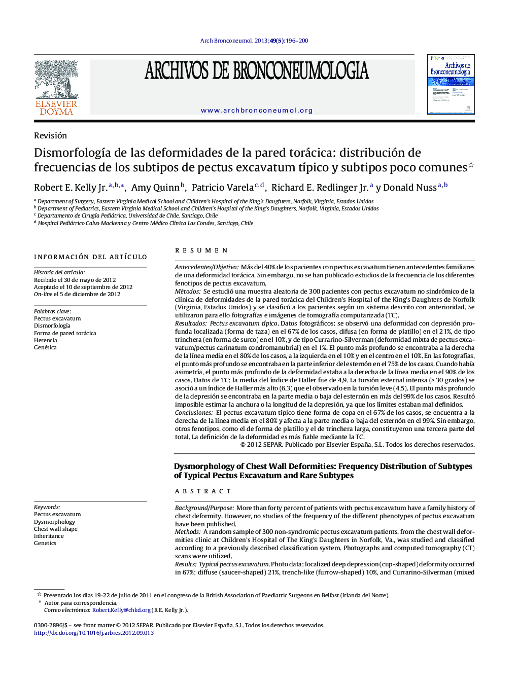 Dismorfología de las deformidades de la pared torácica: distribución de frecuencias de los subtipos de pectus excavatum típico y subtipos poco comunes 