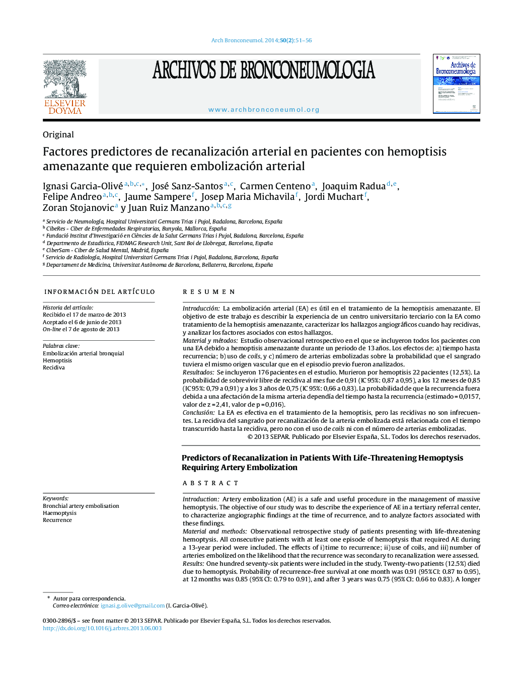 Factores predictores de recanalización arterial en pacientes con hemoptisis amenazante que requieren embolización arterial