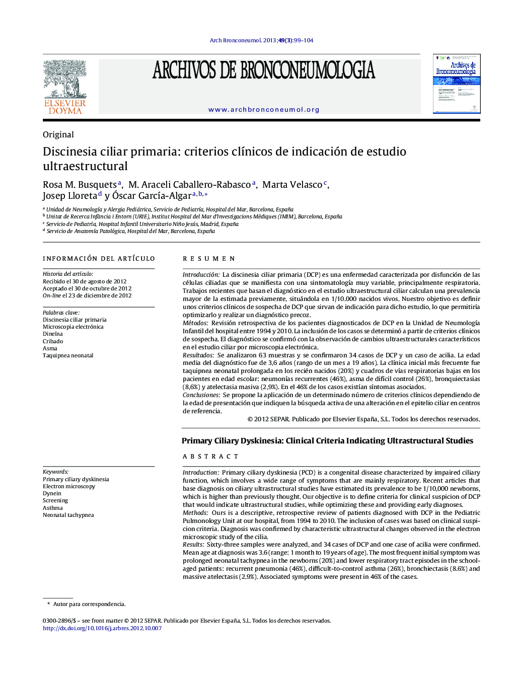 Discinesia ciliar primaria: criterios clÃ­nicos de indicación de estudio ultraestructural