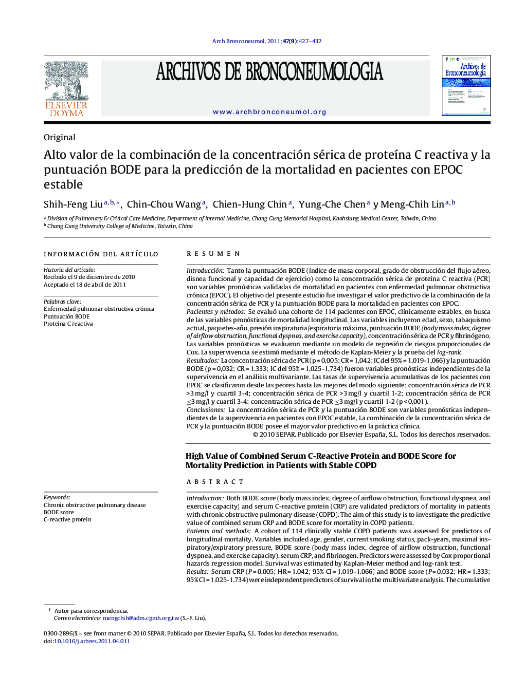 Alto valor de la combinación de la concentración sérica de proteÃ­na C reactiva y la puntuación BODE para la predicción de la mortalidad en pacientes con EPOC estable