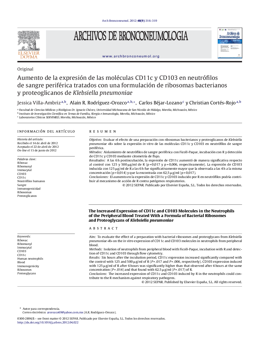 Aumento de la expresión de las moléculas CD11c y CD103 en neutrófilos de sangre periférica tratados con una formulación de ribosomas bacterianos y proteoglicanos de Klebsiella pneumoniae