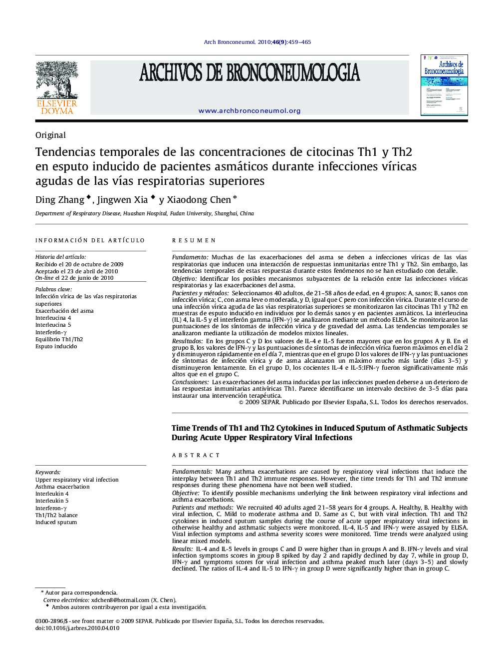 Tendencias temporales de las concentraciones de citocinas Th1 y Th2 en esputo inducido de pacientes asmáticos durante infecciones víricas agudas de las vías respiratorias superiores