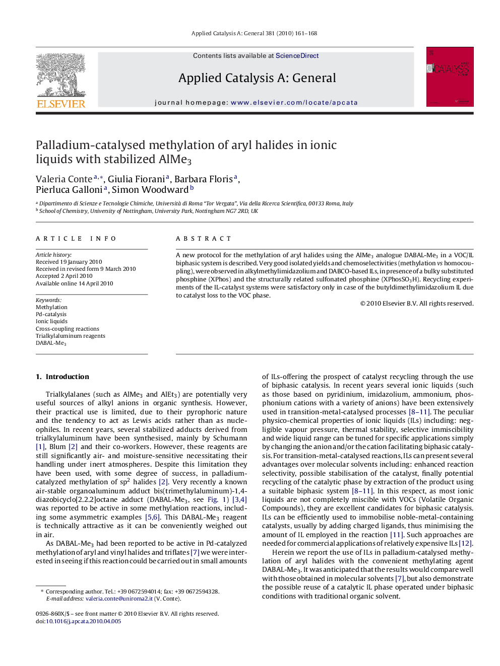 Palladium-catalysed methylation of aryl halides in ionic liquids with stabilized AlMe3