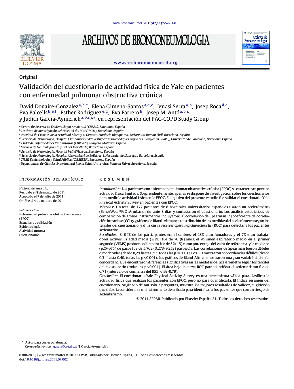 Validación del cuestionario de actividad fÃ­sica de Yale en pacientes con enfermedad pulmonar obstructiva crónica