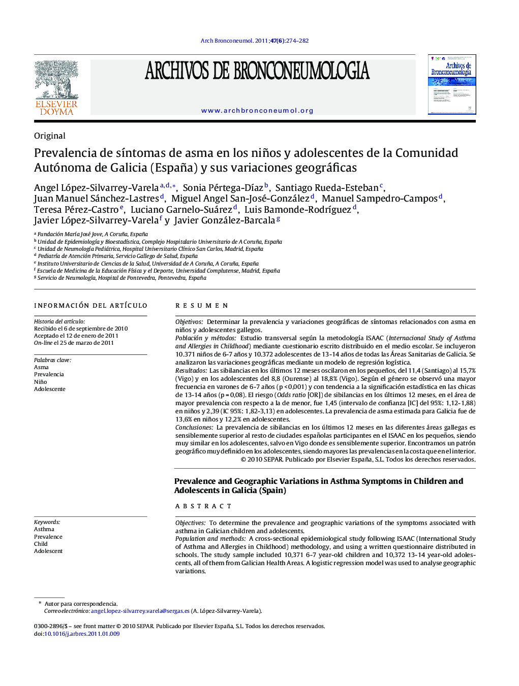 Prevalencia de síntomas de asma en los niños y adolescentes de la Comunidad Autónoma de Galicia (España) y sus variaciones geográficas