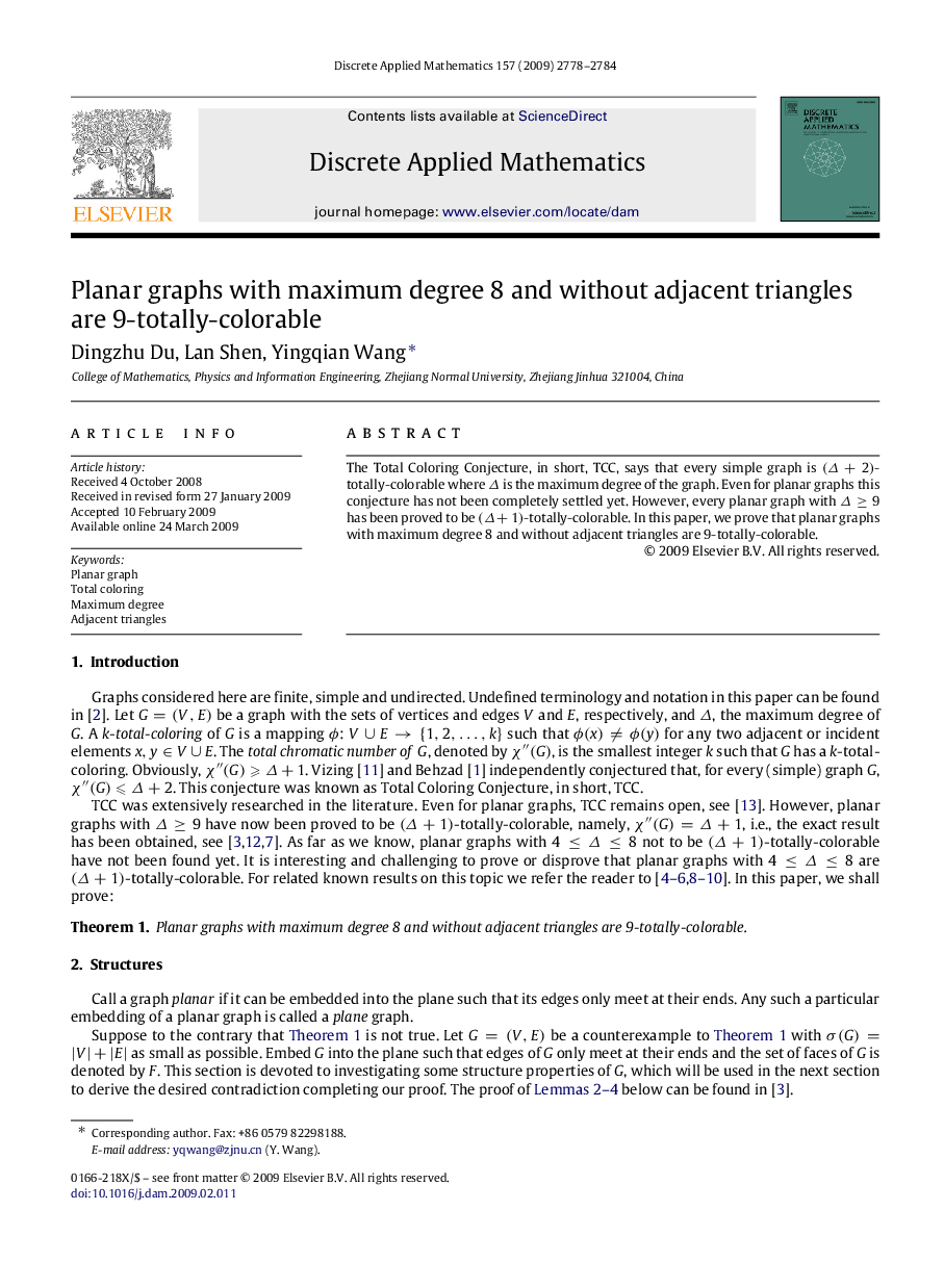 Planar graphs with maximum degree 8 and without adjacent triangles are 9-totally-colorable