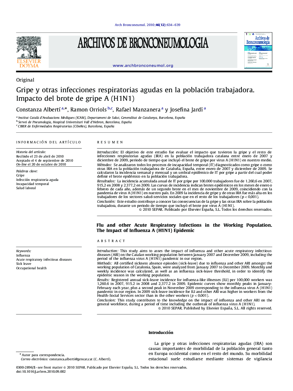 Gripe y otras infecciones respiratorias agudas en la población trabajadora. Impacto del brote de gripe A (H1N1)