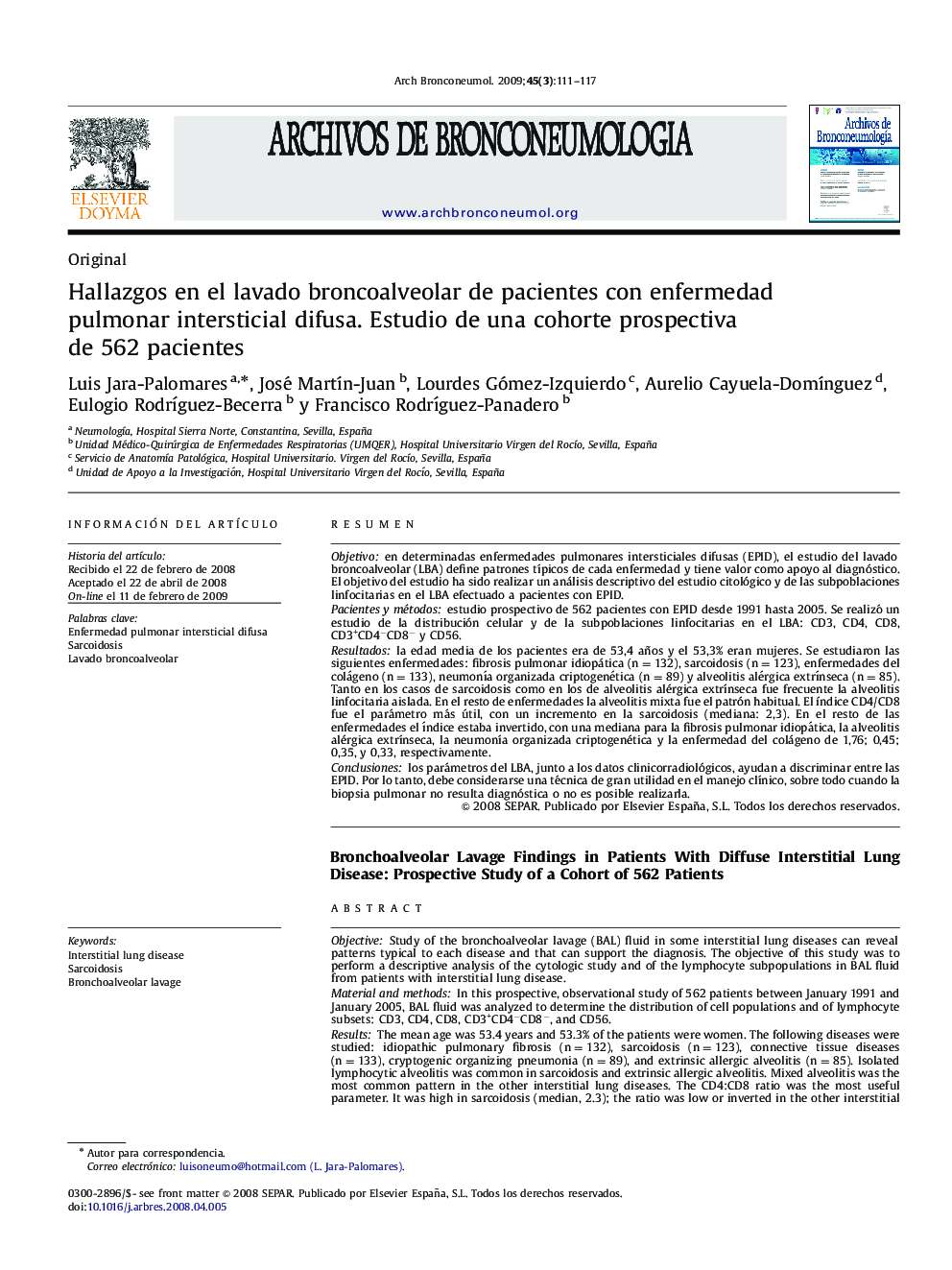 Hallazgos en el lavado broncoalveolar de pacientes con enfermedad pulmonar intersticial difusa. Estudio de una cohorte prospectiva de 562 pacientes