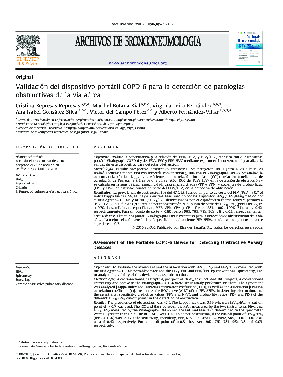 Validación del dispositivo portátil COPD-6 para la detección de patologías obstructivas de la vía aérea