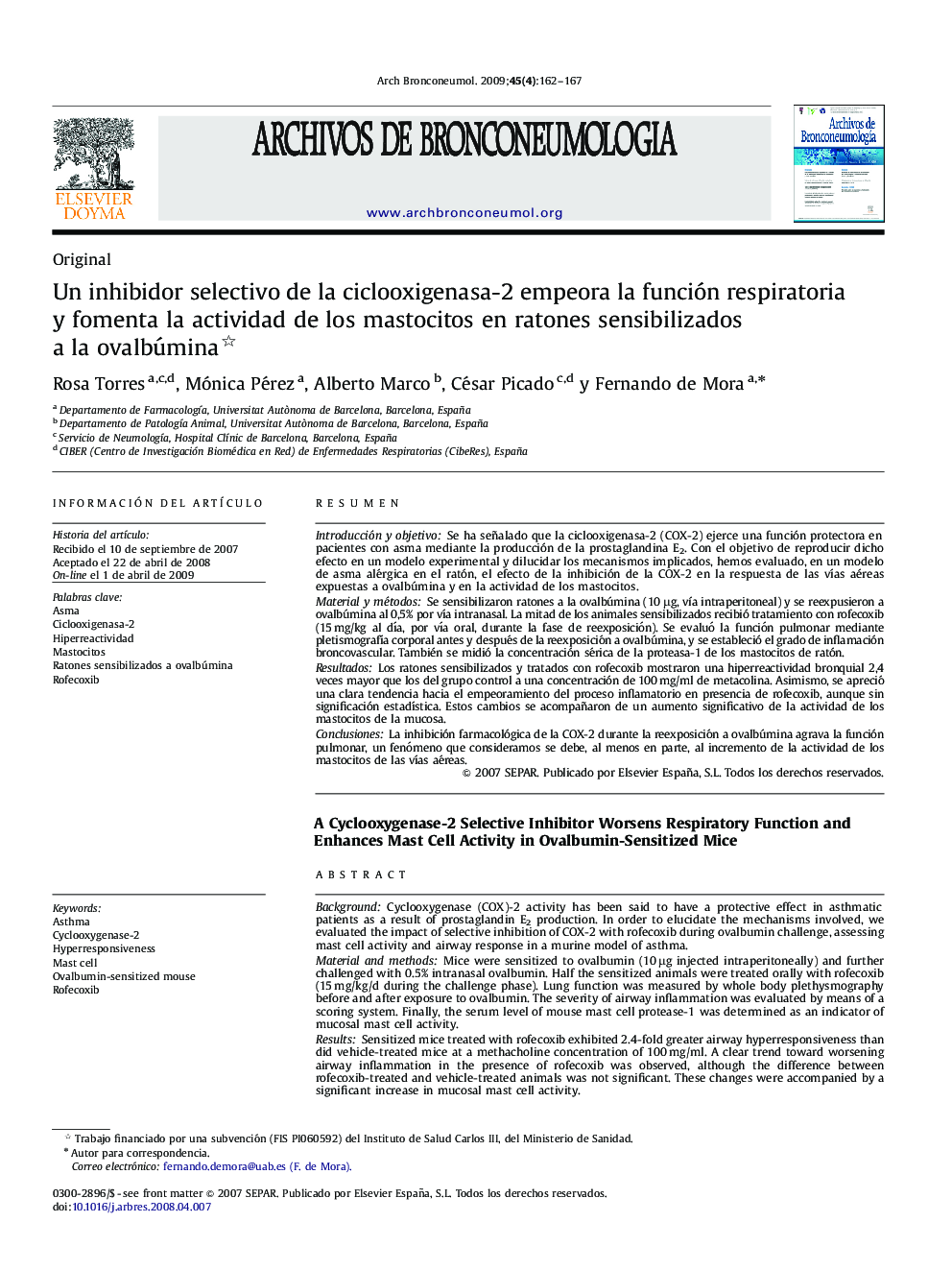 Un inhibidor selectivo de la ciclooxigenasa-2 empeora la función respiratoria y fomenta la actividad de los mastocitos en ratones sensibilizados a la ovalbúmina