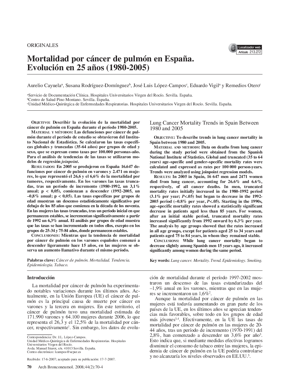 Mortalidad por cáncer de pulmón en España. Evolución en 25 años (1980-2005)