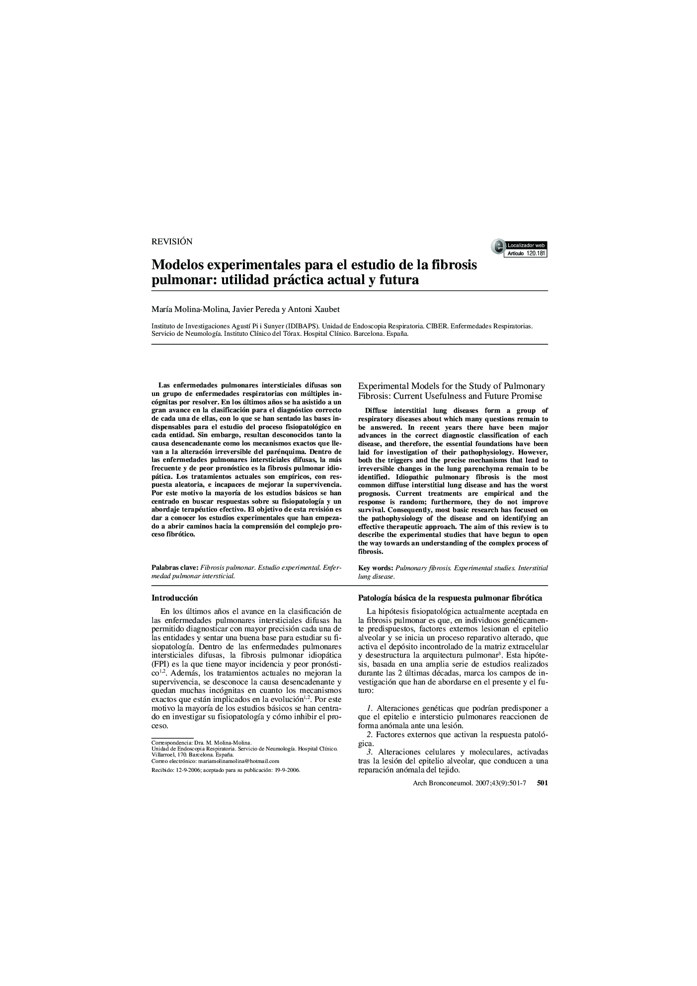 Modelos experimentales para el estudio de la fibrosis pulmonar: utilidad práctica actual y futura