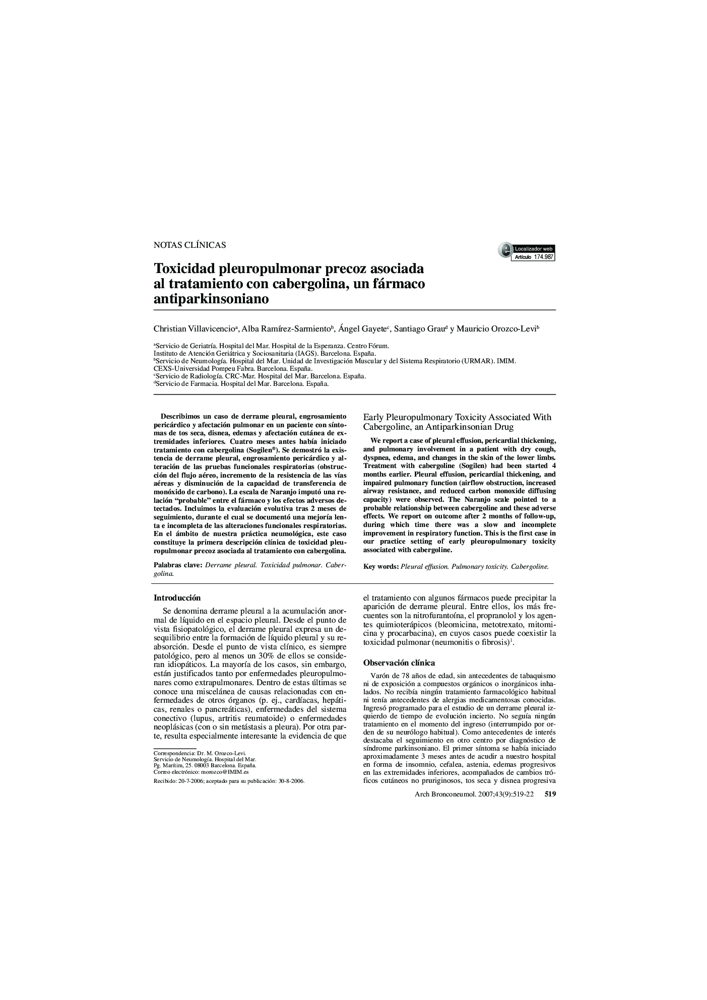 Toxicidad pleuropulmonar precoz asociada al tratamiento con cabergolina, un fármaco antiparkinsoniano