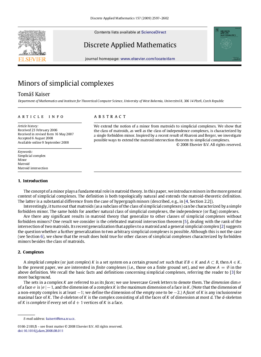 عکس صفحه اول مقاله: Minors of simplicial complexes Minors of simplicial complexes