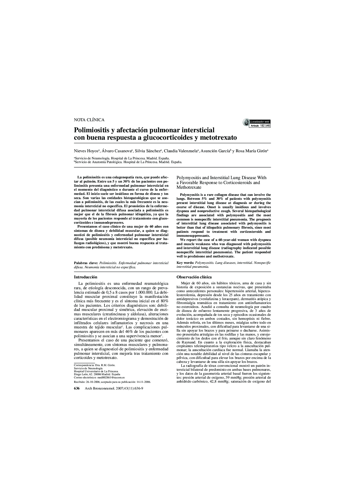 Polimiositis y afectación pulmonar intersticial con buena respuesta a glucocorticoides y metotrexato