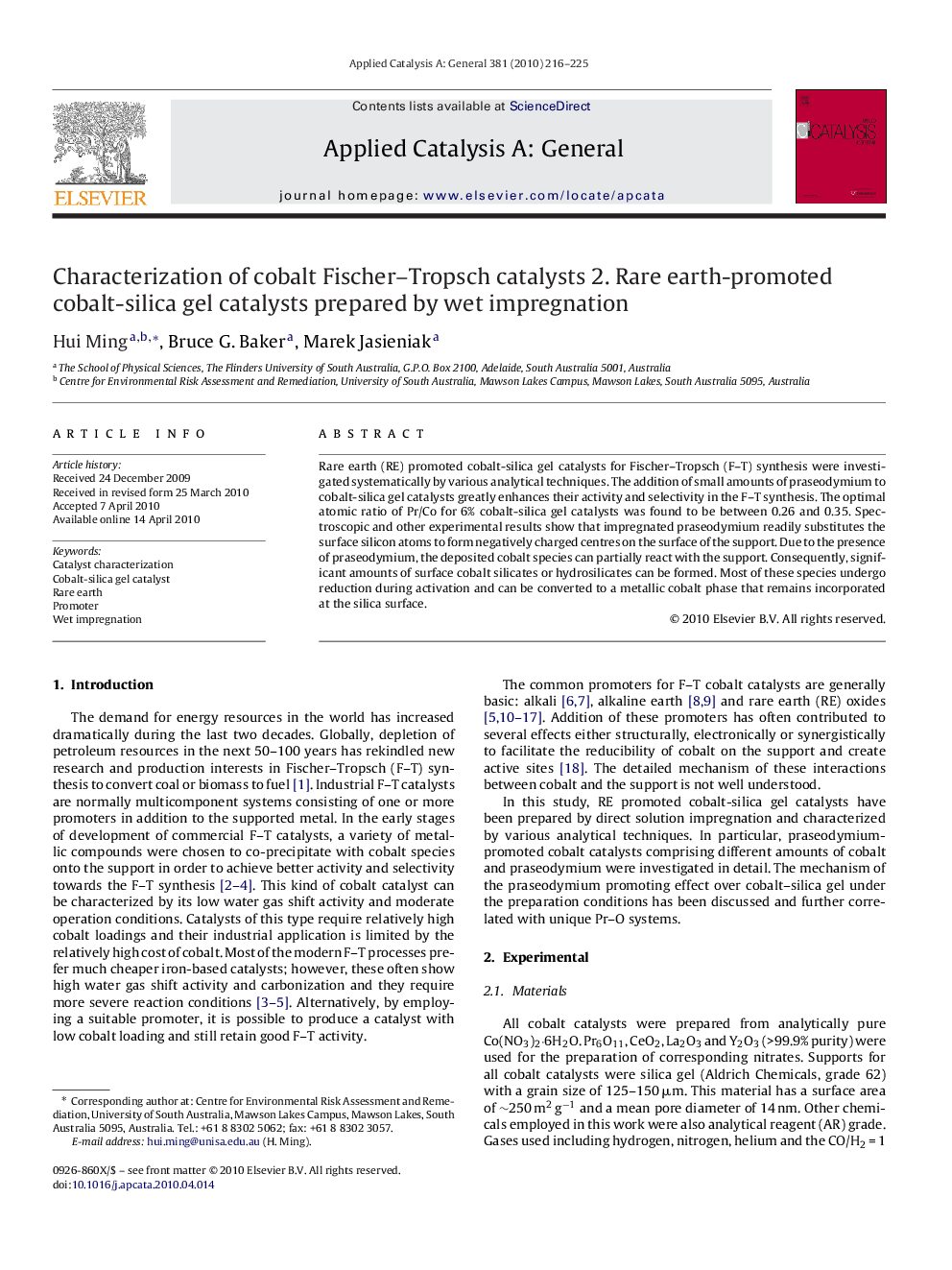 Characterization of cobalt Fischer–Tropsch catalysts: 2. Rare earth-promoted cobalt-silica gel catalysts prepared by wet impregnation