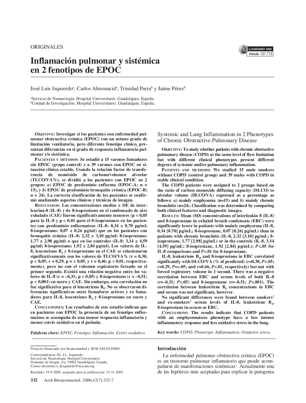 Inflamación pulmonar y sistémica en 2 fenotipos de EPOC