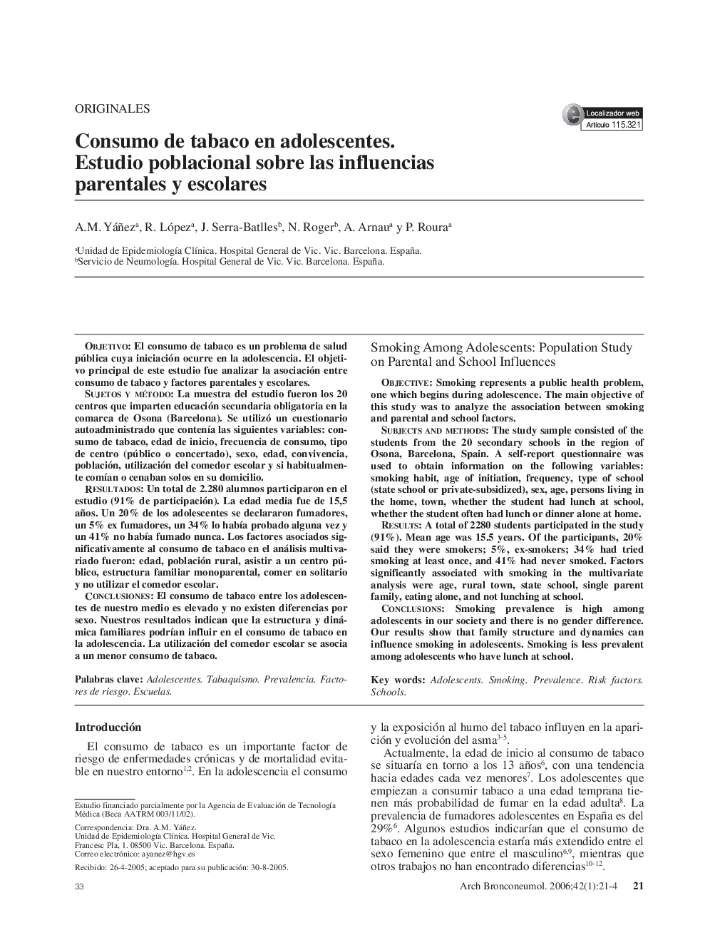 Consumo de tabaco en adolescentes. Estudio poblacional sobre las influencias parentales y escolares