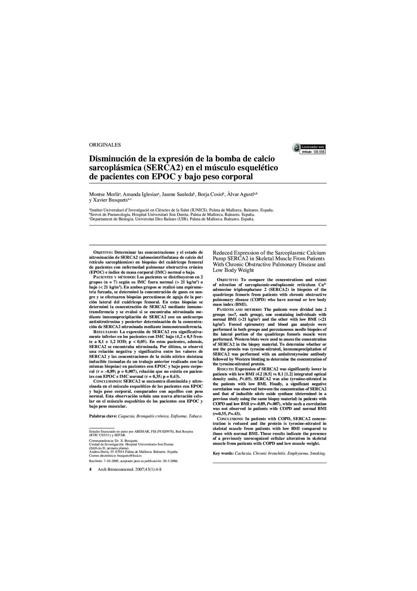 Disminución de la expresión de la bomba de calcio sarcoplásmica (SERCA2) en el músculo esquelético de pacientes con EPOC y bajo peso corporal