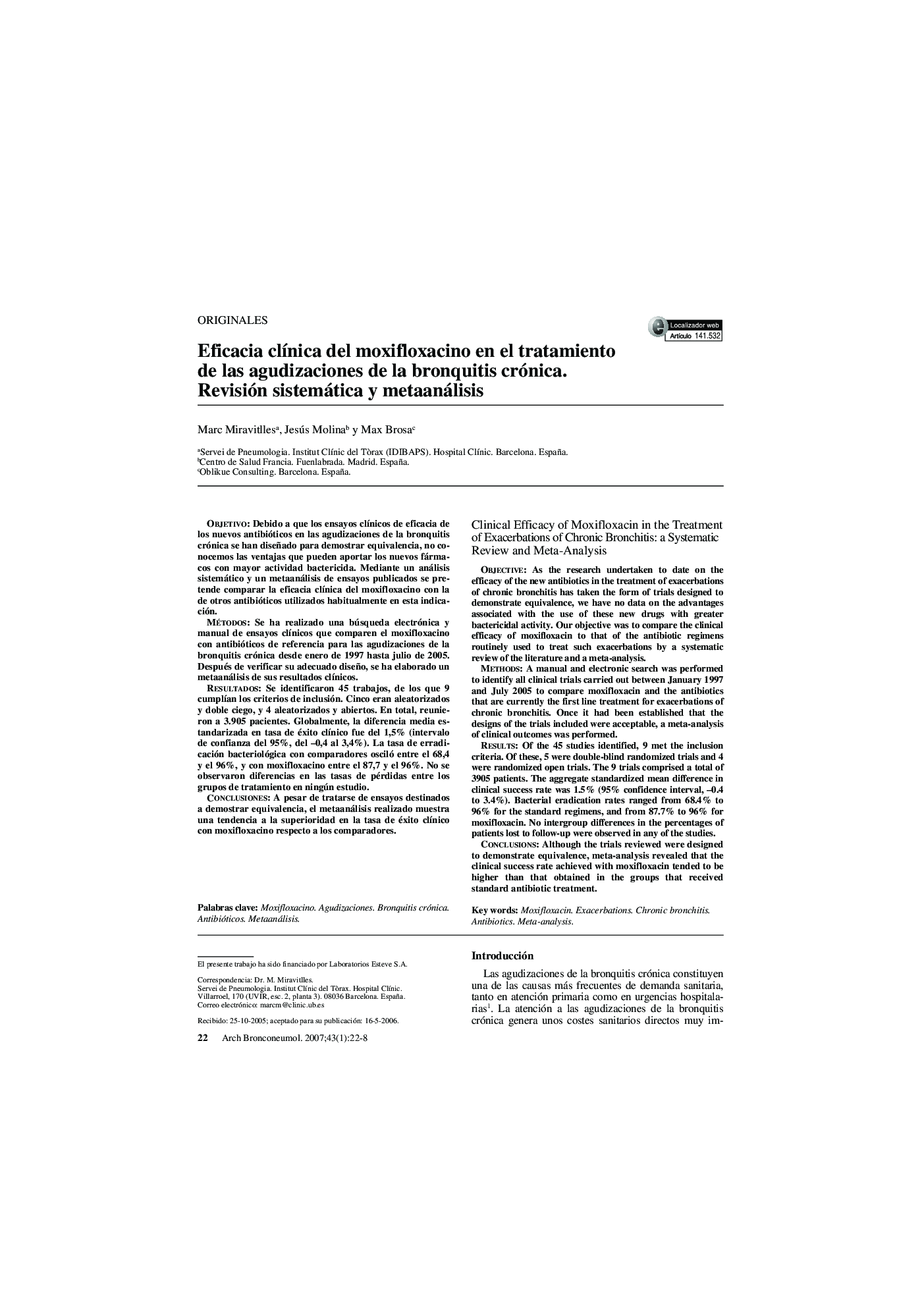 Eficacia clÃ­nica del moxifloxacino en el tratamiento de las agudizaciones de la bronquitis crónica. Revisión sistemática y metaanálisis