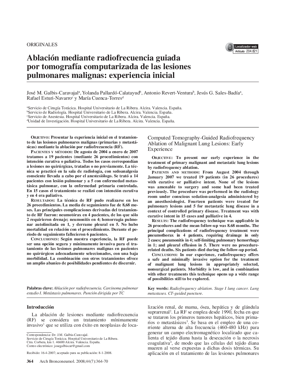 Ablación mediante radiofrecuencia guiada por tomografÃ­a computarizada de las lesiones pulmonares malignas: experiencia inicial